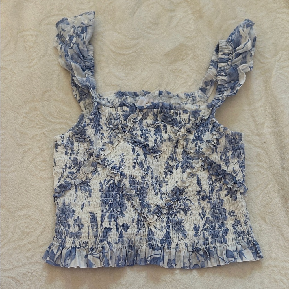 Girls Blue and White Smocked Floral Ruffle Tank Top